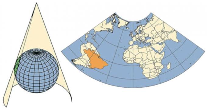 Conical projection is projected onto a cone tangent to the globe.