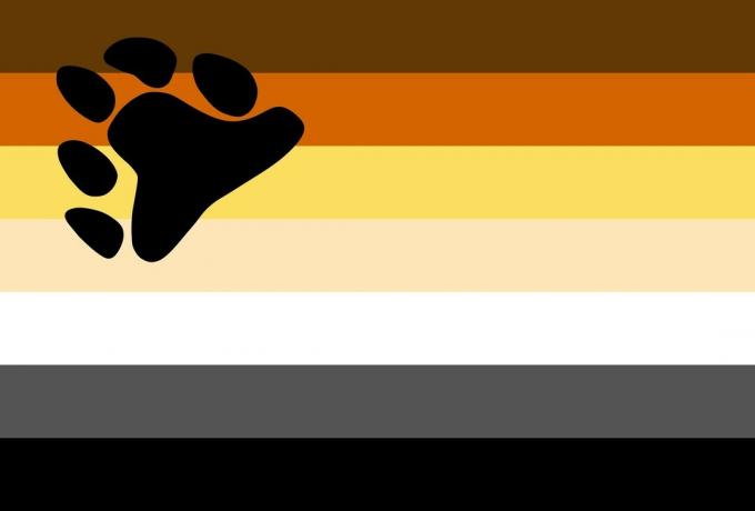 Björnflagga i nyanser av brunt, gult, vitt, grått och svart, med ett björnfotavtryck.