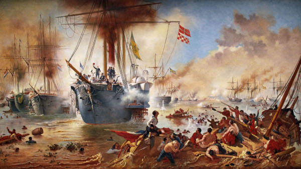 Zeeslag bij Riachuelo - werk gebaseerd op het schilderij van Victor Meirelles.[1] 