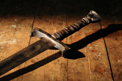 The blade of a sword is made from a metal