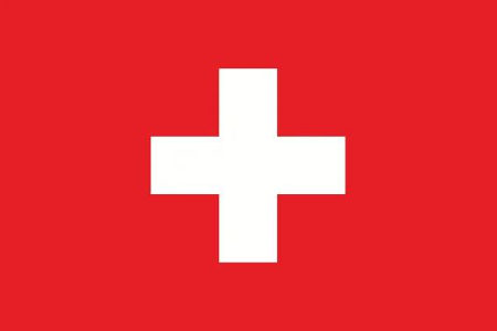 Flag of Switzerland, in red and with a white cross in the center. 