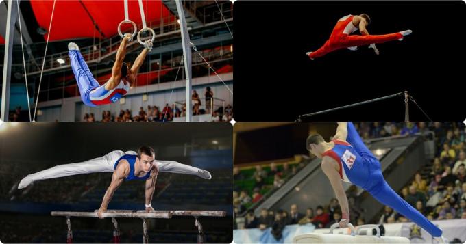 Imagine împărțită în patru, care arată inelele aparatului, bara fixă, paralelele și calul de gimnastică artistică masculină.