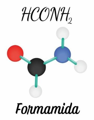 Formamid eller methanamid er det mindste mulige molekyle i amidgruppen. Billedet illustrerer strukturen og dens molekylære formel.