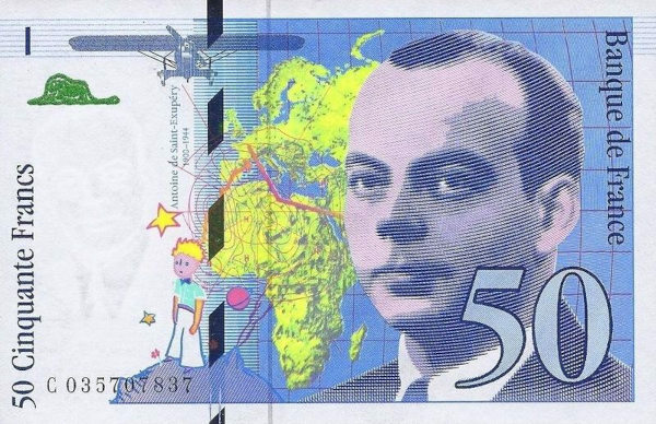 Francúzska bankovka s vyrazenou tvárou Antoina de Saint-Exupéryho, autora „Malého princa“.