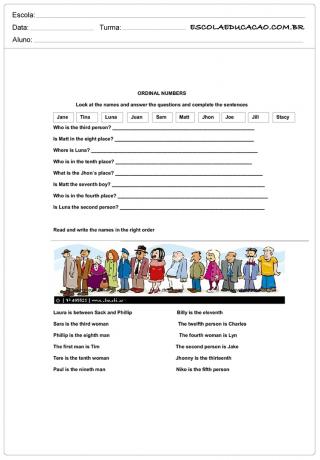 English Ordinal Number Activities - Complete the Sentences